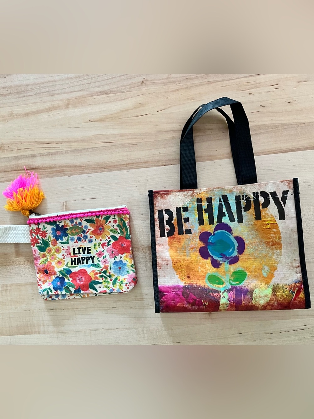 Natural Life Colorful Floral 'Live Happy' Pouch & Gift Bag, NWT